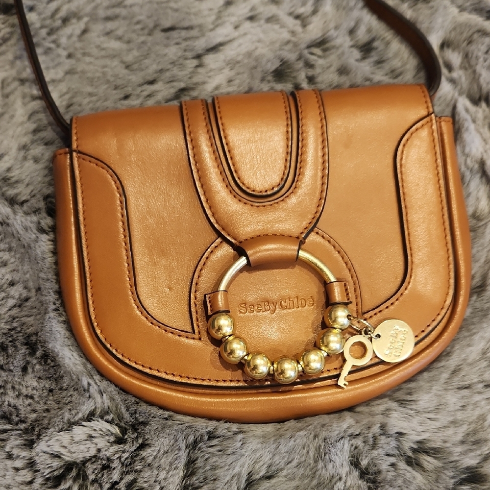 Small See By Chloe Tan Leather Crossbody with Gold Ring Charm - Picture 2 of 10